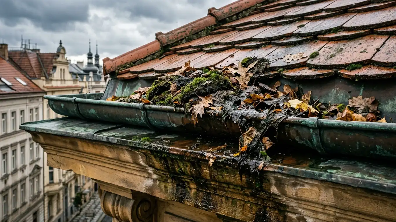 Zanesený měděný okapový žlab v Praze před vyčištěním — nános mokrého listí, mechu, stojatá voda a provlhlá římsa