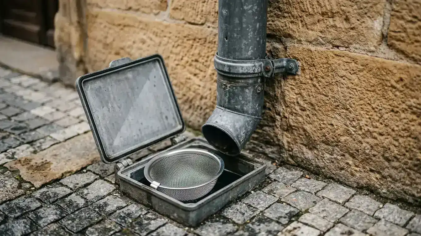 Detailní pohled na čištění litinového lapače střešních splavenin (gajgru) a kontrolu průchodnosti dešťového svodu